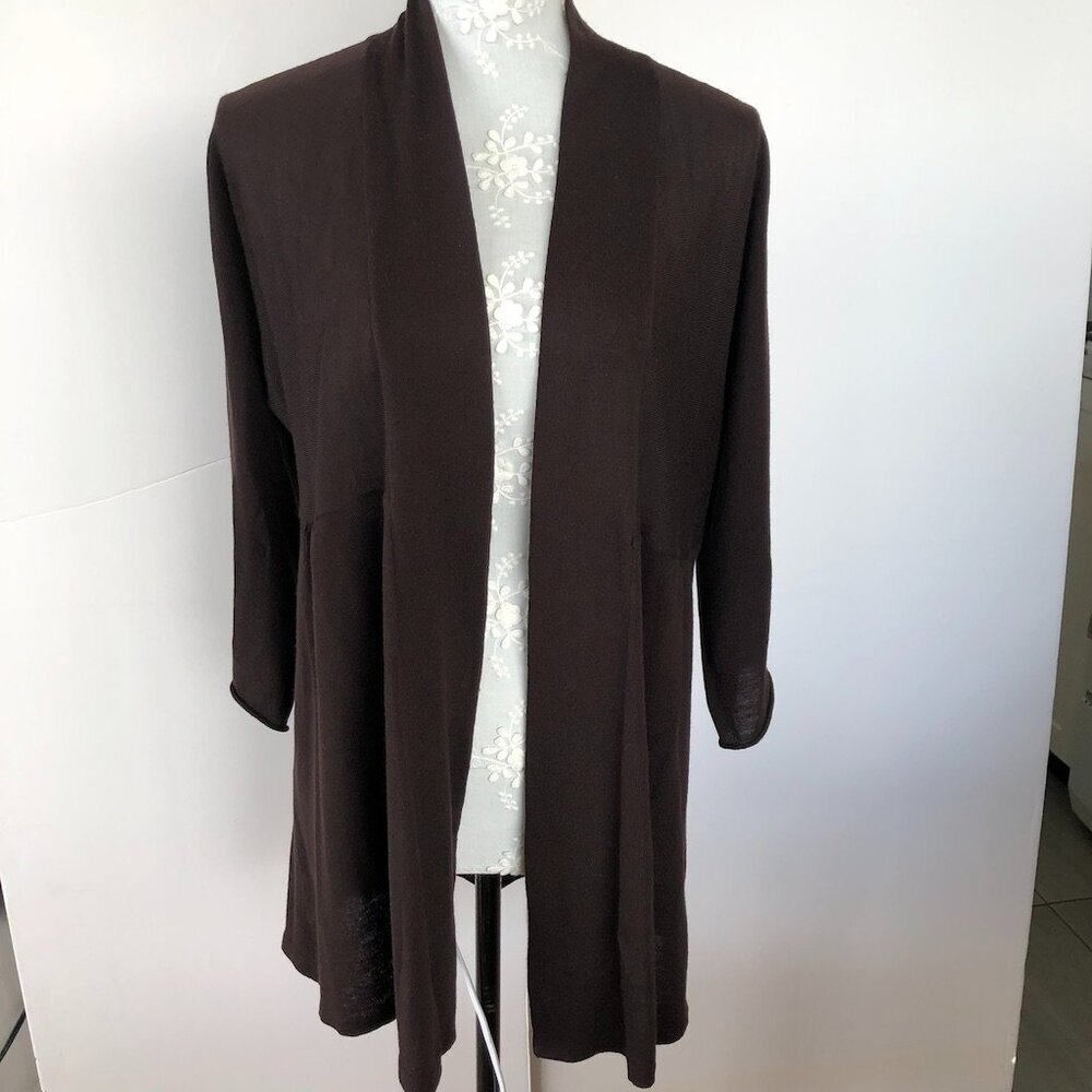 EILEEN FISHER OpenFront Merino Wool Eggplant/Brown Cardigan/Sweater 3/4 sleeve M